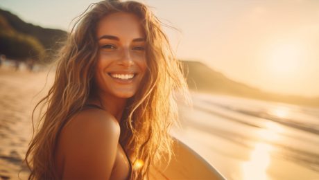 Woman sunset outside healthy attractive outdoors person lady happy lifestyle adult surf smile travel portrait face summer field female surfboard